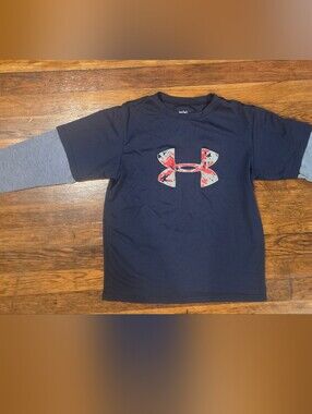 Under Armour Youth Medium HeatGear Layered Long Sleeve Shirt Navy Gray Camo Logo